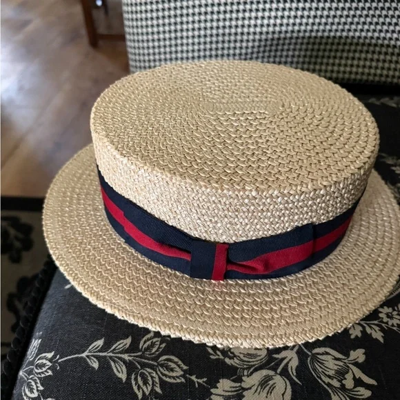 Classic Italian made Straw Boater Skimmer Hat with Red and Navy Band. Beautiful - Picture 2 of 7